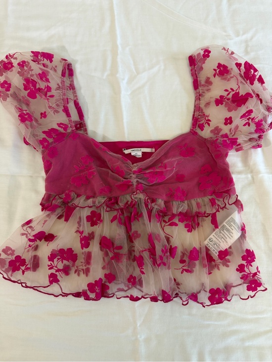 Kimchi Blue Tops - Kimchi Blue Girls Fuchsia Floral Mesh Puff Sleeve Top